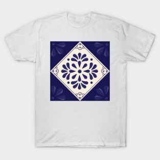 Blue Abstract Floral Talavera Tile by Akbaly T-Shirt